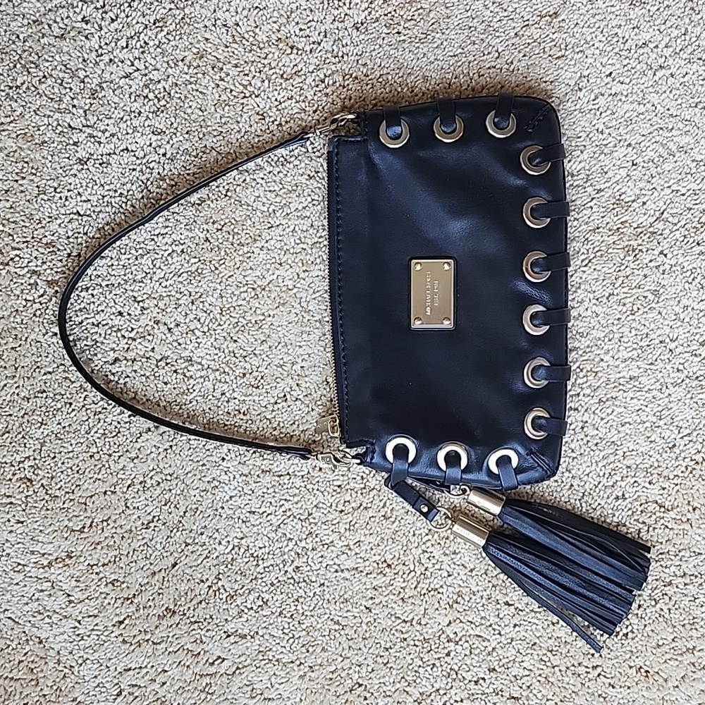 Michael Kors Black Leather Astor Grommet Tassel Clutch Convertible Shoulder Bag
